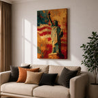 Statue of Liberty wall art featuring Lady Liberty standing before a dramatic American flag rendered in bold abstract brushstrokes. Rich red, white, blue, and gold tones create a patriotic artwork that celebrates freedom, independence, national pride, and the enduring spirit of the United States.