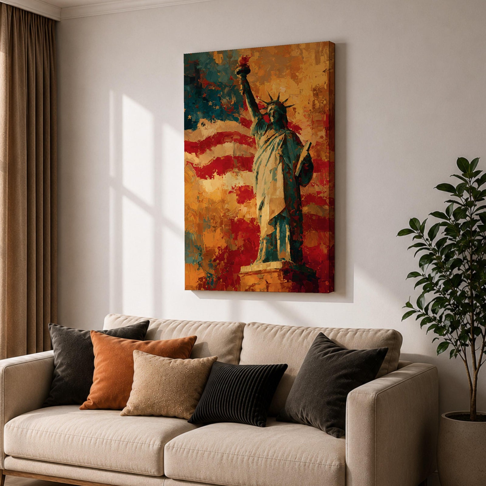 Statue of Liberty wall art featuring Lady Liberty standing before a dramatic American flag rendered in bold abstract brushstrokes. Rich red, white, blue, and gold tones create a patriotic artwork that celebrates freedom, independence, national pride, and the enduring spirit of the United States.