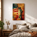 Statue of Liberty wall art featuring Lady Liberty standing before a dramatic American flag rendered in bold abstract brushstrokes. Rich red, white, blue, and gold tones create a patriotic artwork that celebrates freedom, independence, national pride, and the enduring spirit of the United States.