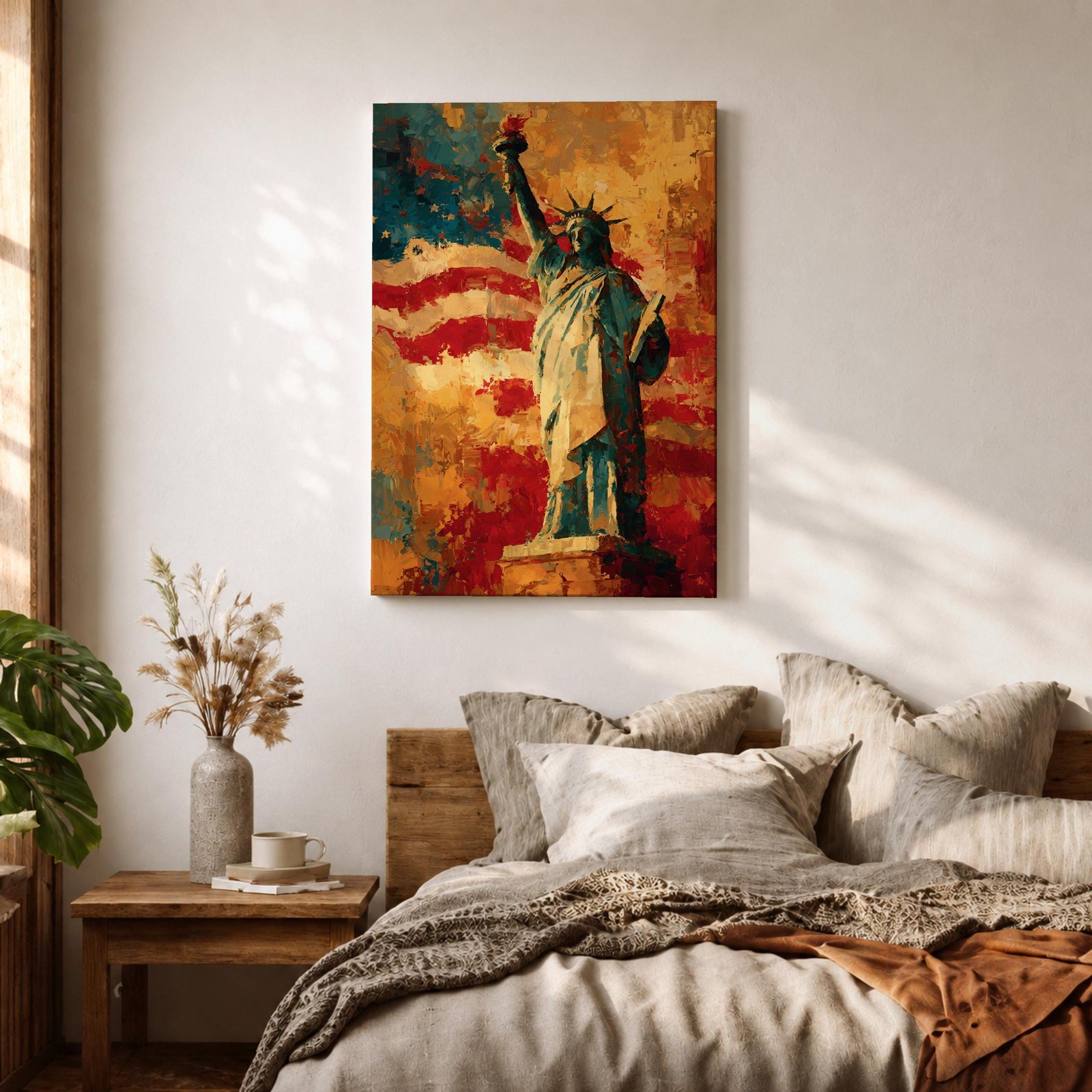 Statue of Liberty wall art featuring Lady Liberty standing before a dramatic American flag rendered in bold abstract brushstrokes. Rich red, white, blue, and gold tones create a patriotic artwork that celebrates freedom, independence, national pride, and the enduring spirit of the United States.