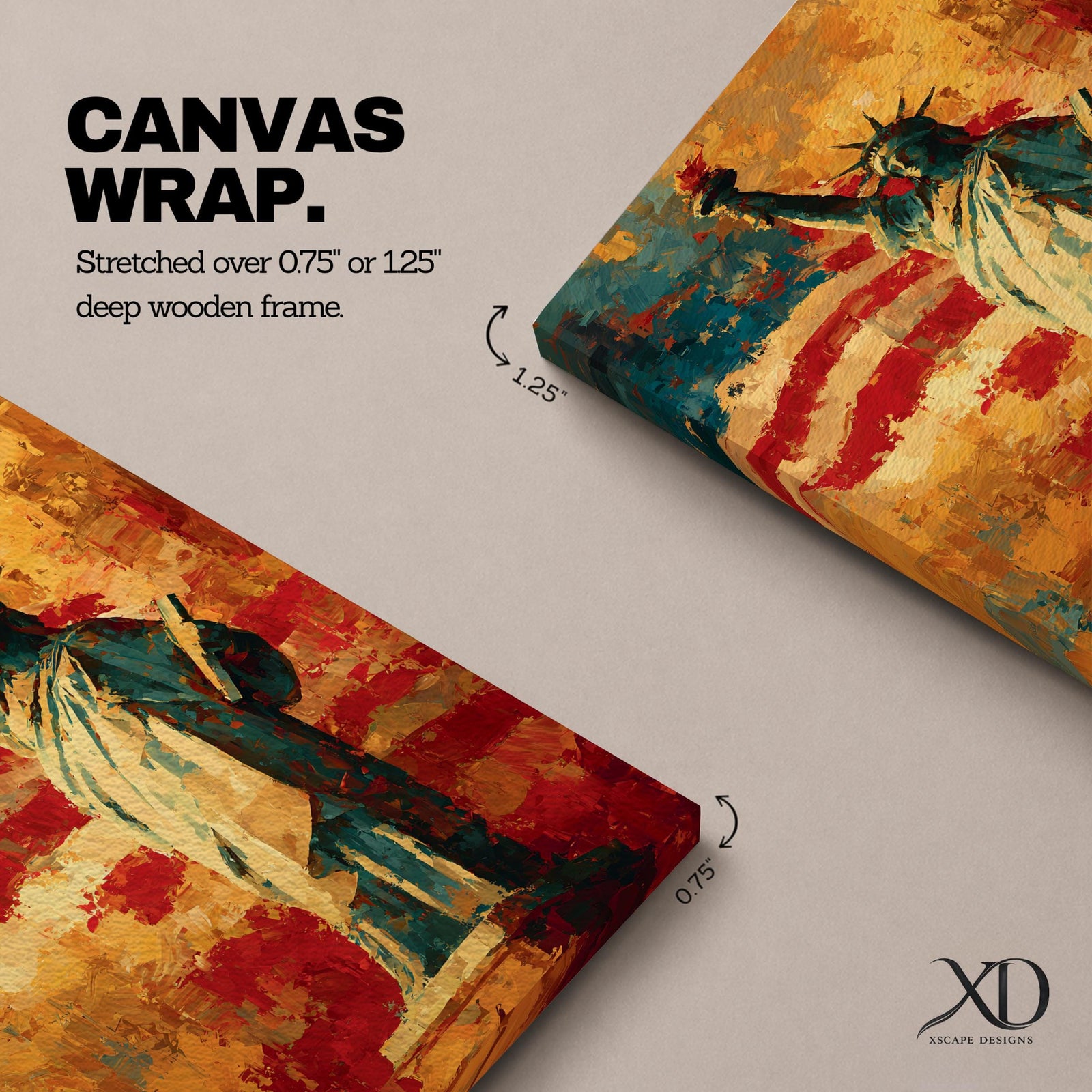 Statue of Liberty wall art featuring Lady Liberty standing before a dramatic American flag rendered in bold abstract brushstrokes. Rich red, white, blue, and gold tones create a patriotic artwork that celebrates freedom, independence, national pride, and the enduring spirit of the United States.