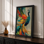 Impasto style painting of a peacock with vibrant, colorful feathers in shades of blue, orange, yellow, and green, displayed on a canvas leaning against a wall with natural light casting shadows.