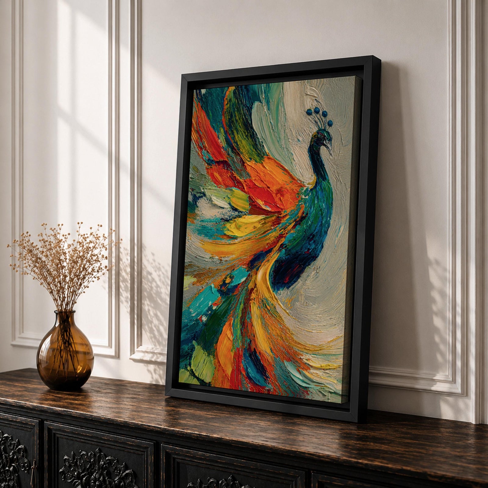Impasto style painting of a peacock with vibrant, colorful feathers in shades of blue, orange, yellow, and green, displayed on a canvas leaning against a wall with natural light casting shadows.