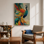 Impasto style painting of a peacock with vibrant, colorful feathers in shades of blue, orange, yellow, and green, displayed on a canvas leaning against a wall with natural light casting shadows.