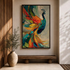 Impasto style painting of a peacock with vibrant, colorful feathers in shades of blue, orange, yellow, and green, displayed on a canvas leaning against a wall with natural light casting shadows.