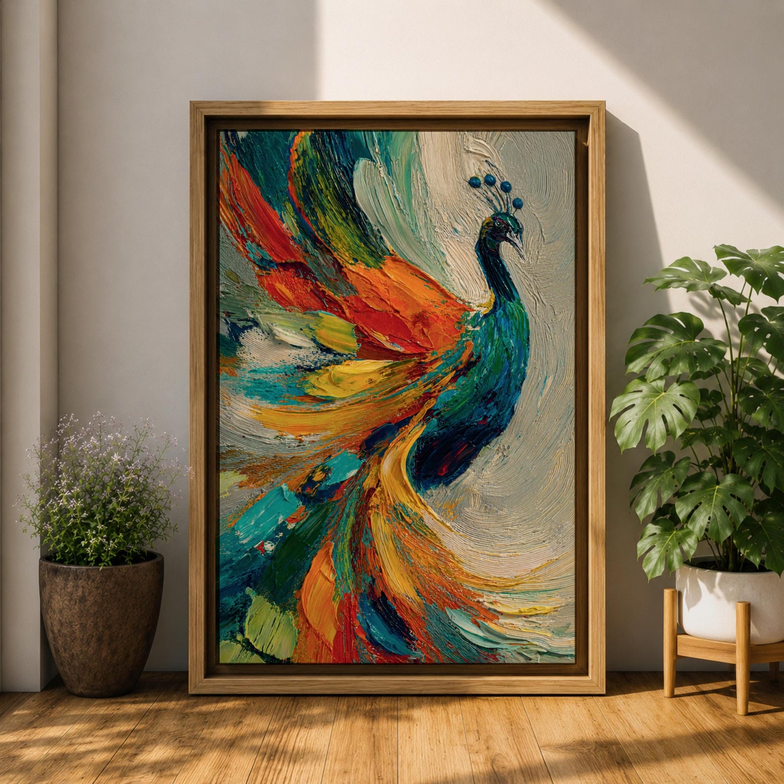 Impasto style painting of a peacock with vibrant, colorful feathers in shades of blue, orange, yellow, and green, displayed on a canvas leaning against a wall with natural light casting shadows.