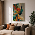 Impasto style painting of a peacock with vibrant, colorful feathers in shades of blue, orange, yellow, and green, displayed on a canvas leaning against a wall with natural light casting shadows.
