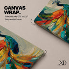 Impasto style painting of a peacock with vibrant, colorful feathers in shades of blue, orange, yellow, and green, displayed on a canvas leaning against a wall with natural light casting shadows.