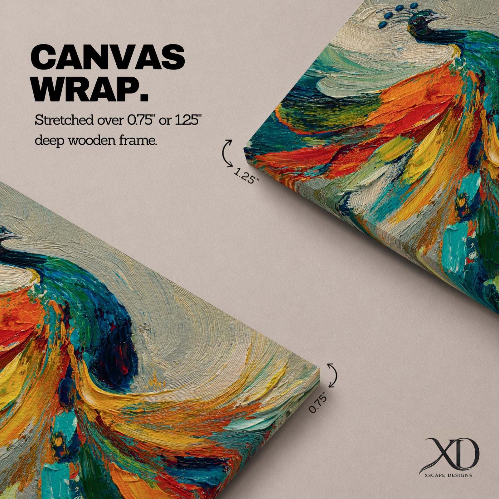 Impasto style painting of a peacock with vibrant, colorful feathers in shades of blue, orange, yellow, and green, displayed on a canvas leaning against a wall with natural light casting shadows.