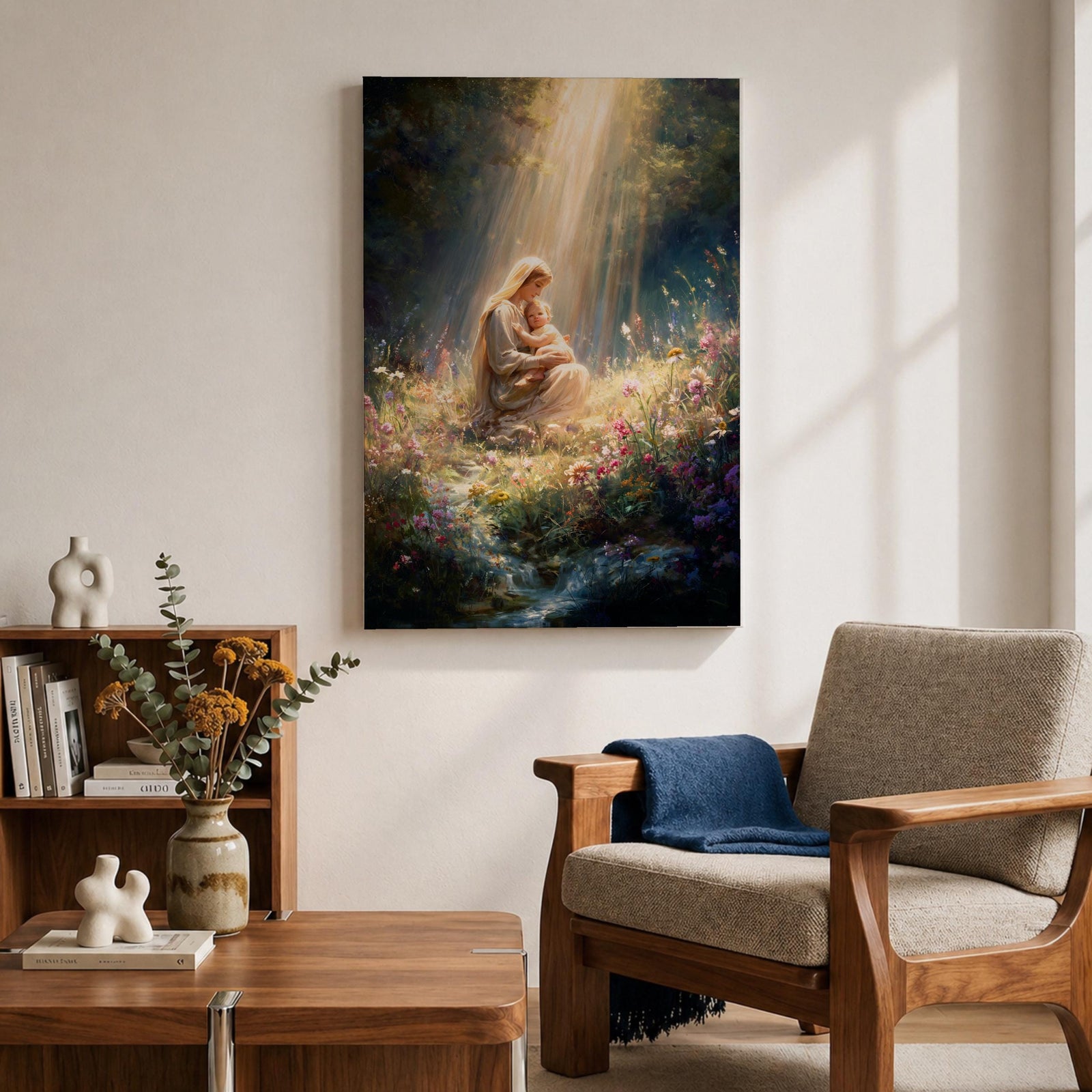 Bring timeless faith and serenity into your home with this Madonna and Child Wall Art, featuring heavenly sunbeams illuminating a peaceful wildflower meadow. This elegant Christian canvas print celebrates maternal love with soft painterly details, making it a beautiful focal point for any prayer room, nursery, or living space.