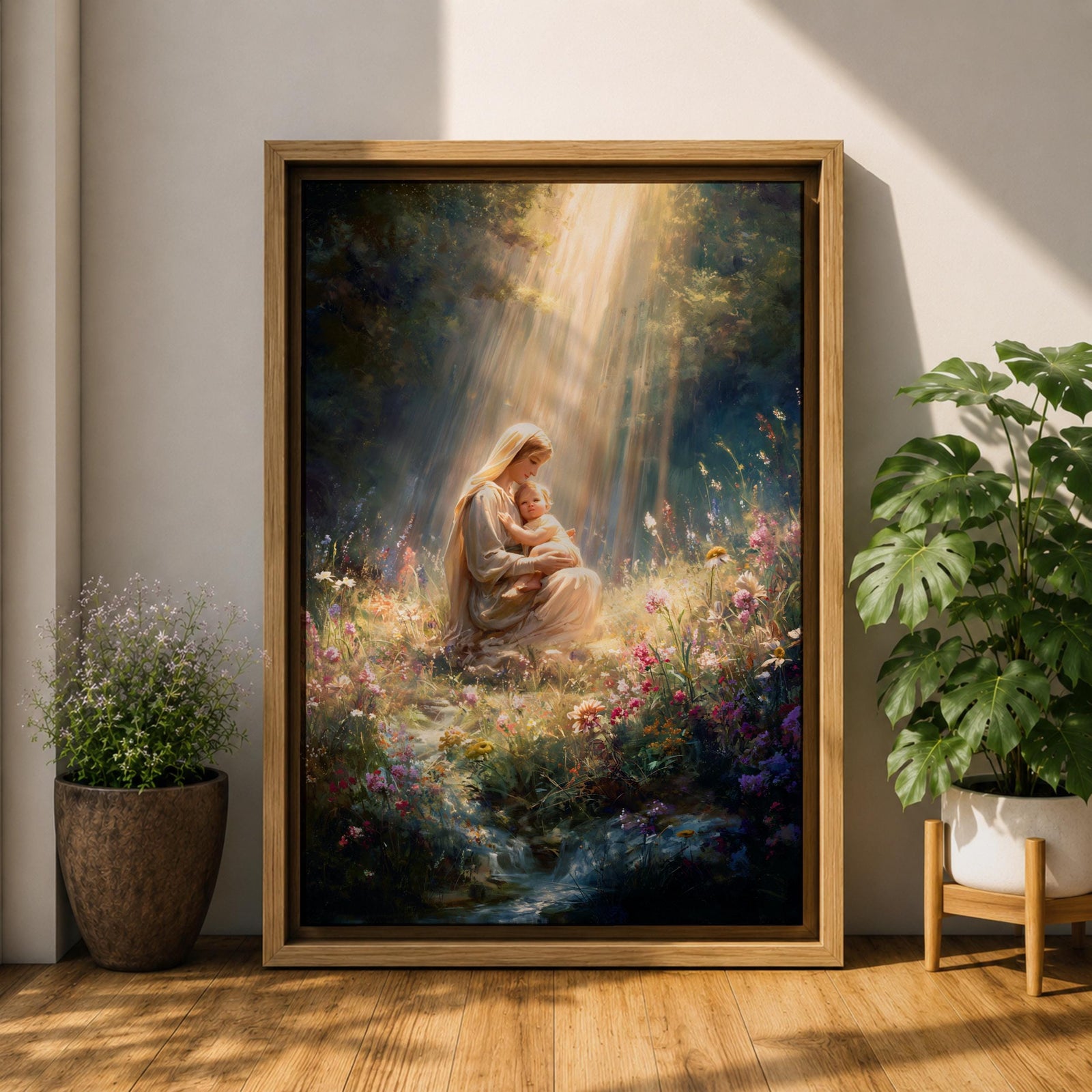 Bring timeless faith and serenity into your home with this Madonna and Child Wall Art, featuring heavenly sunbeams illuminating a peaceful wildflower meadow. This elegant Christian canvas print celebrates maternal love with soft painterly details, making it a beautiful focal point for any prayer room, nursery, or living space.