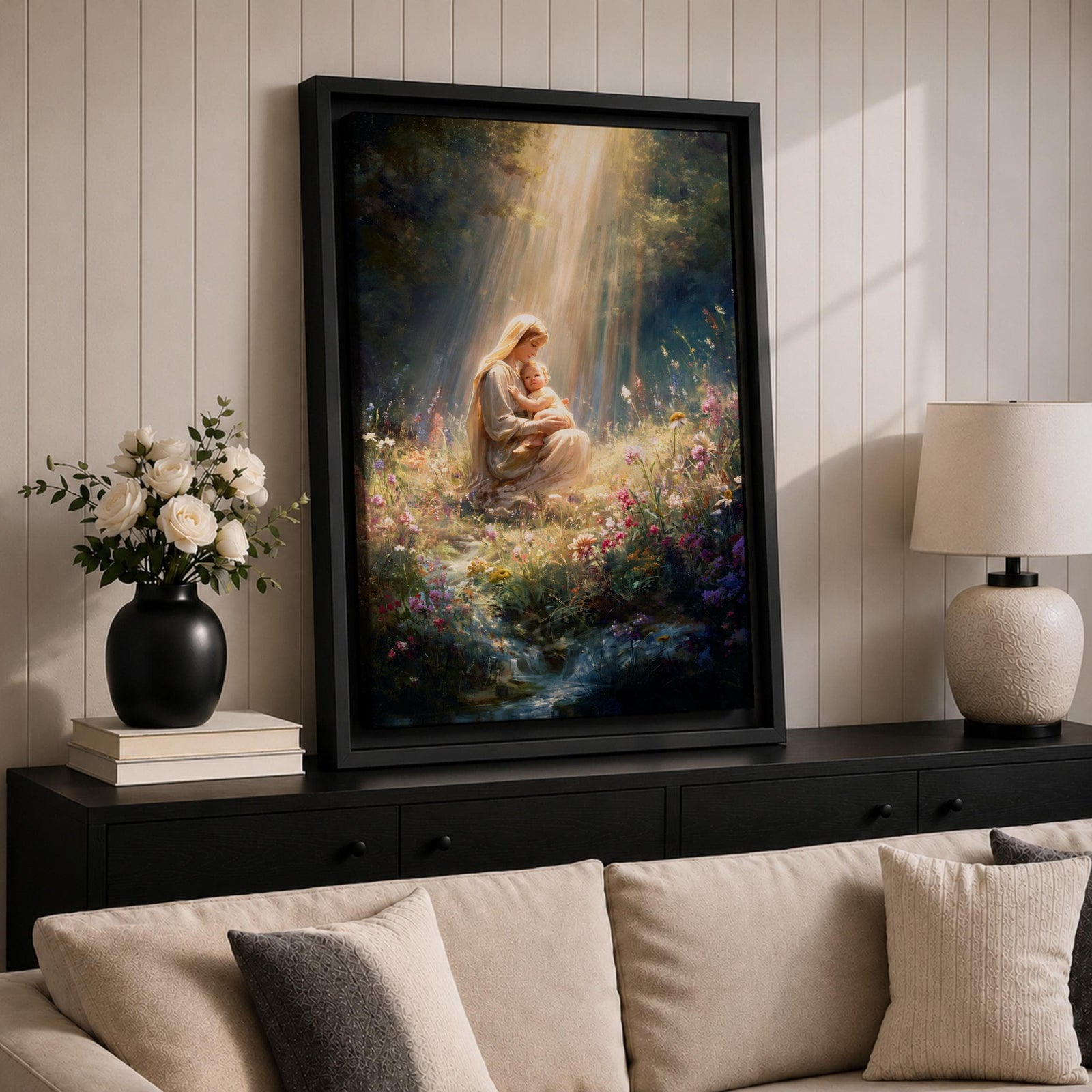 Bring timeless faith and serenity into your home with this Madonna and Child Wall Art, featuring heavenly sunbeams illuminating a peaceful wildflower meadow. This elegant Christian canvas print celebrates maternal love with soft painterly details, making it a beautiful focal point for any prayer room, nursery, or living space.