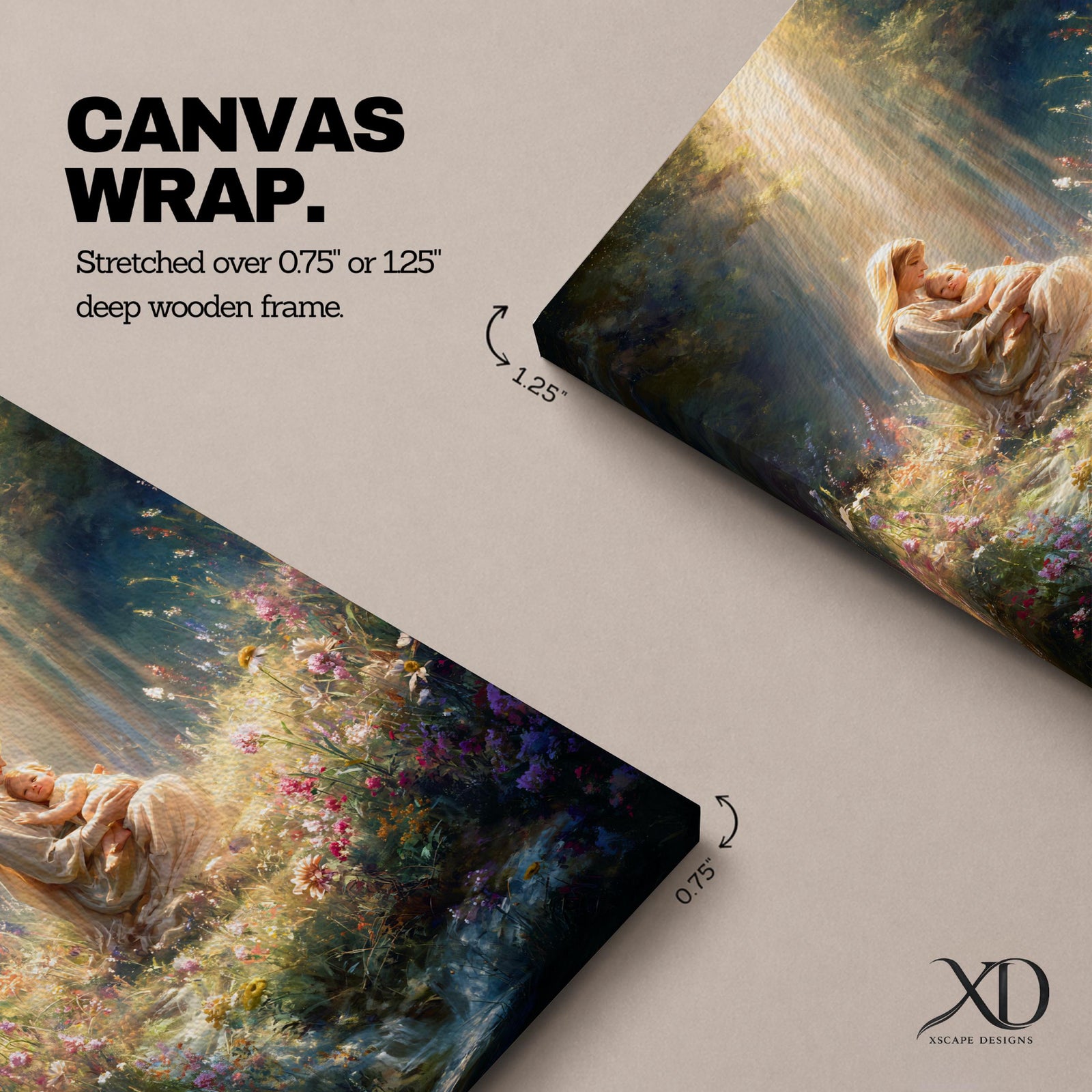 Bring timeless faith and serenity into your home with this Madonna and Child Wall Art, featuring heavenly sunbeams illuminating a peaceful wildflower meadow. This elegant Christian canvas print celebrates maternal love with soft painterly details, making it a beautiful focal point for any prayer room, nursery, or living space.