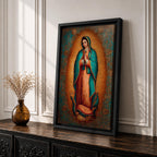 Our Lady of Guadalupe wall art featuring the Virgin Mary with hands folded in prayer, surrounded by radiant golden rays and ornate floral details. This Mexican Catholic religious artwork highlights her iconic turquoise mantle adorned with stars, creating a sacred focal point for prayer rooms, churches, and Christian homes.