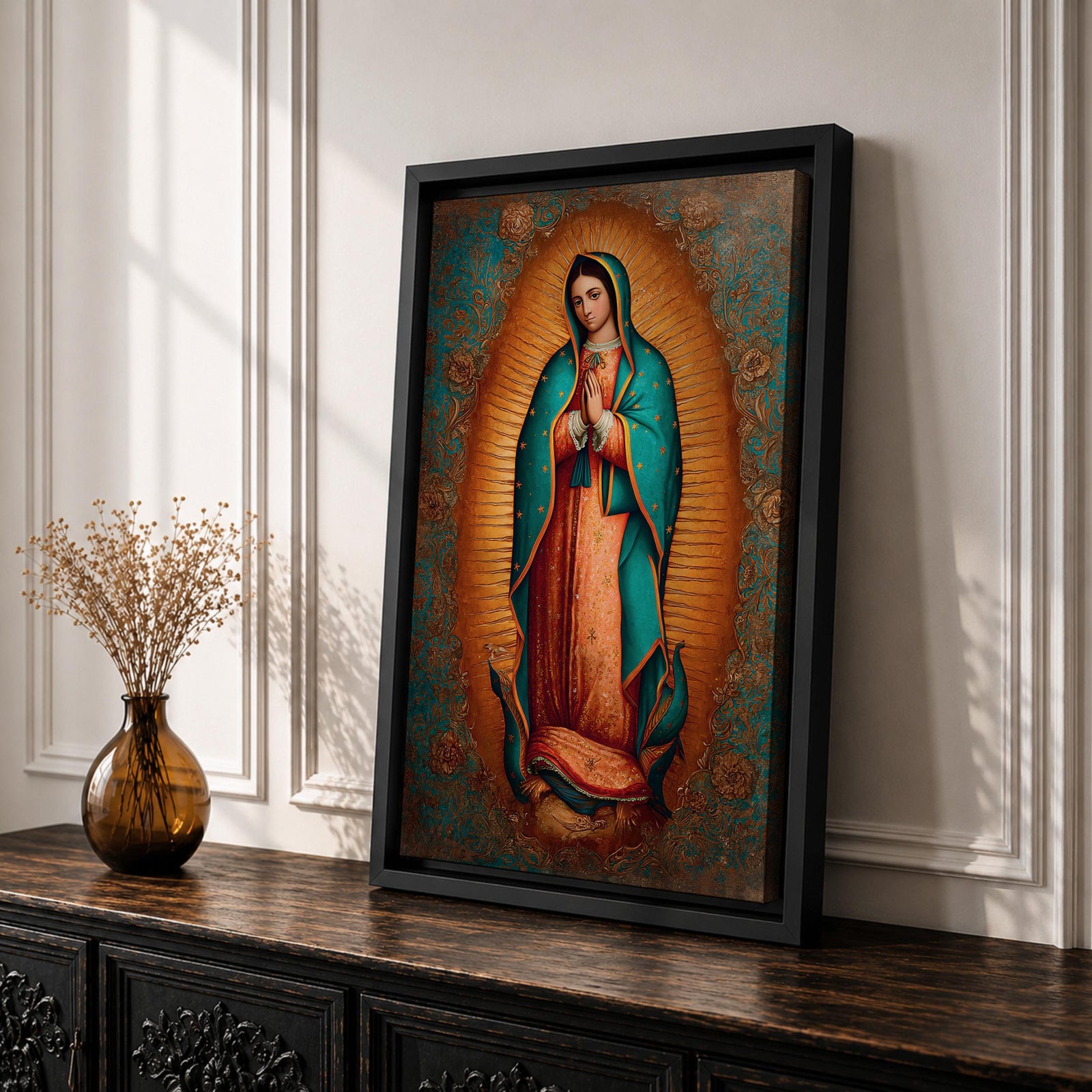Our Lady of Guadalupe wall art featuring the Virgin Mary with hands folded in prayer, surrounded by radiant golden rays and ornate floral details. This Mexican Catholic religious artwork highlights her iconic turquoise mantle adorned with stars, creating a sacred focal point for prayer rooms, churches, and Christian homes.
