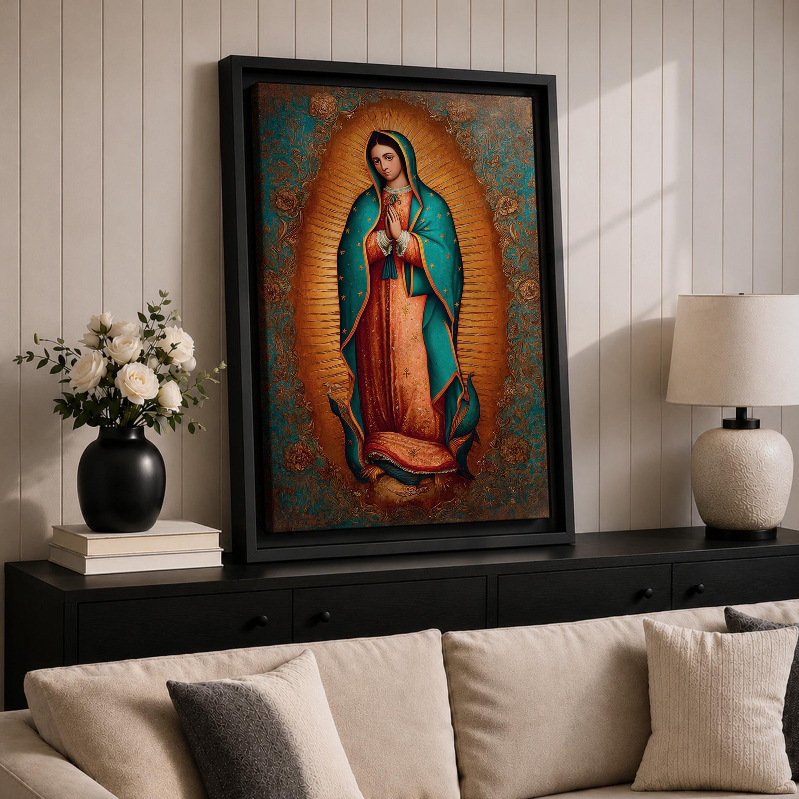 Our Lady of Guadalupe wall art featuring the Virgin Mary with hands folded in prayer, surrounded by radiant golden rays and ornate floral details. This Mexican Catholic religious artwork highlights her iconic turquoise mantle adorned with stars, creating a sacred focal point for prayer rooms, churches, and Christian homes.