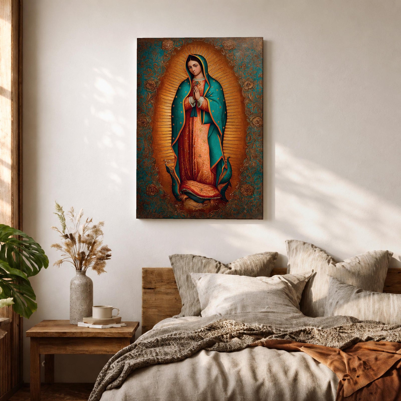 Our Lady of Guadalupe wall art featuring the Virgin Mary with hands folded in prayer, surrounded by radiant golden rays and ornate floral details. This Mexican Catholic religious artwork highlights her iconic turquoise mantle adorned with stars, creating a sacred focal point for prayer rooms, churches, and Christian homes.