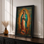 Our Lady of Guadalupe wall art featuring the Virgin Mary in prayer surrounded by radiant golden rays and ornate decorative details. This Mexican Catholic religious artwork showcases her iconic turquoise mantle adorned with stars, creating a sacred focal point for prayer rooms, churches, and Christian homes.