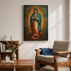 Our Lady of Guadalupe wall art featuring the Virgin Mary in prayer surrounded by radiant golden rays and ornate decorative details. This Mexican Catholic religious artwork showcases her iconic turquoise mantle adorned with stars, creating a sacred focal point for prayer rooms, churches, and Christian homes.