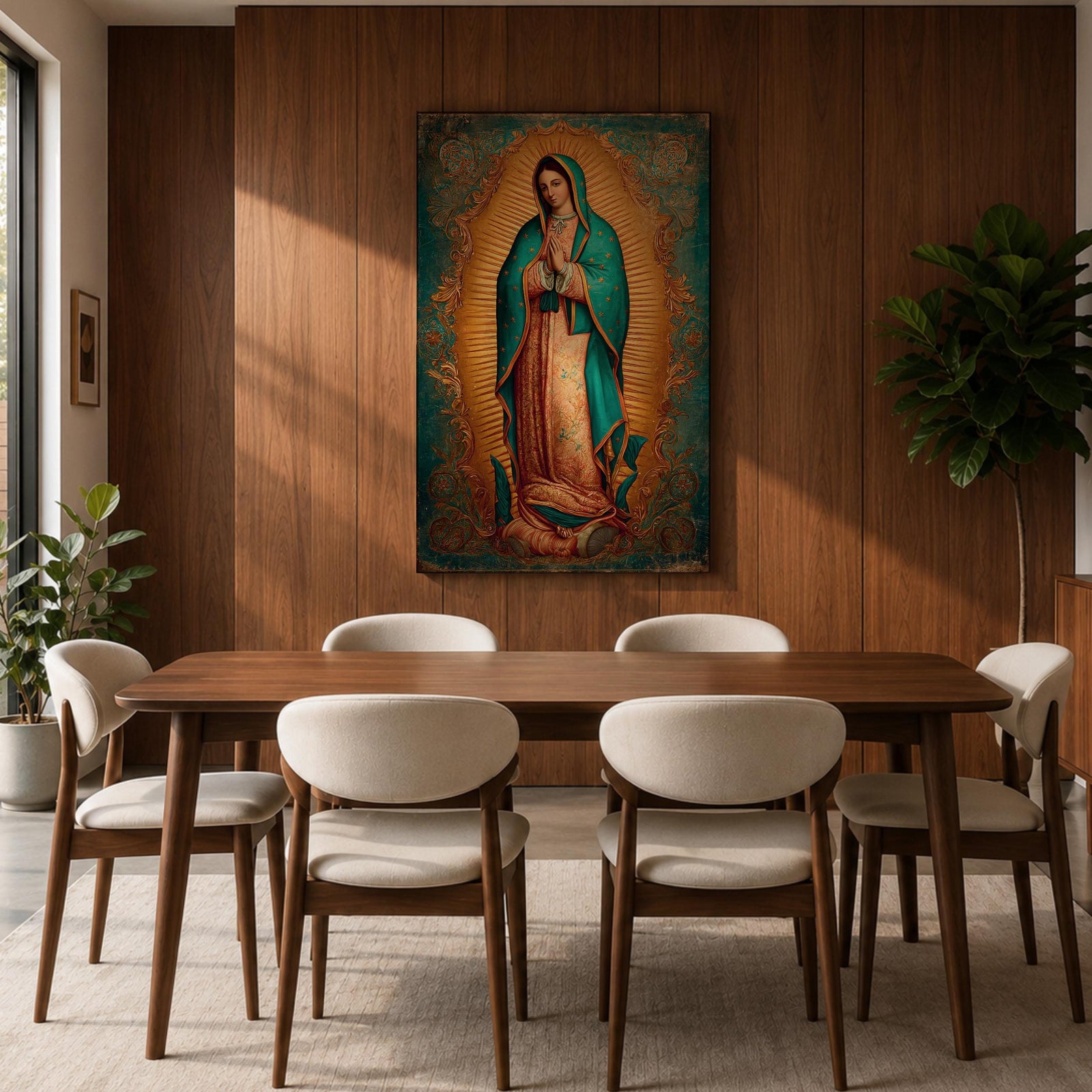 Our Lady of Guadalupe wall art featuring the Virgin Mary in prayer surrounded by radiant golden rays and ornate decorative details. This Mexican Catholic religious artwork showcases her iconic turquoise mantle adorned with stars, creating a sacred focal point for prayer rooms, churches, and Christian homes.
