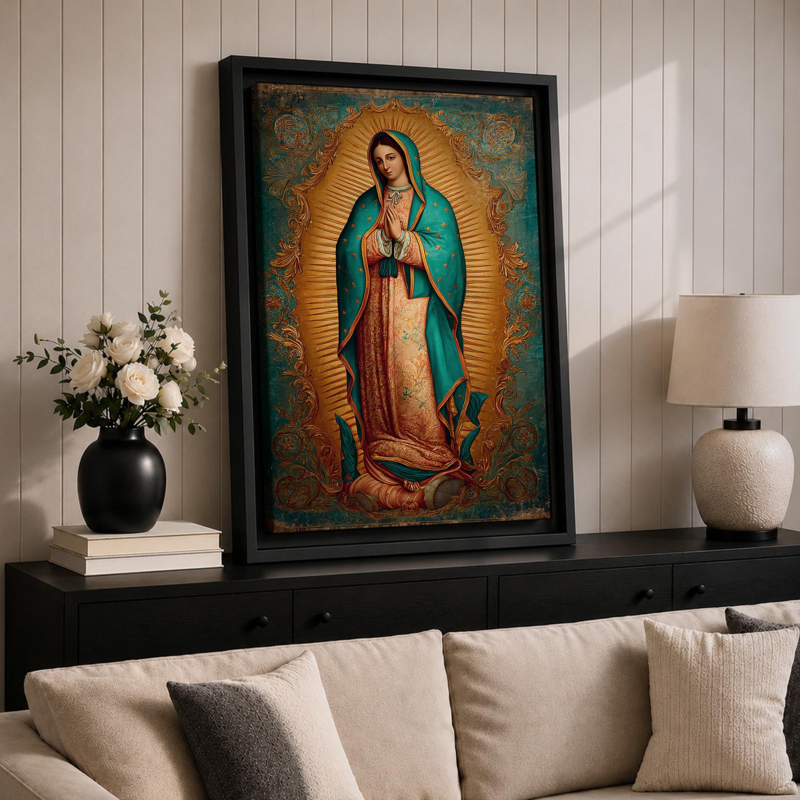 Our Lady of Guadalupe wall art featuring the Virgin Mary in prayer surrounded by radiant golden rays and ornate decorative details. This Mexican Catholic religious artwork showcases her iconic turquoise mantle adorned with stars, creating a sacred focal point for prayer rooms, churches, and Christian homes.