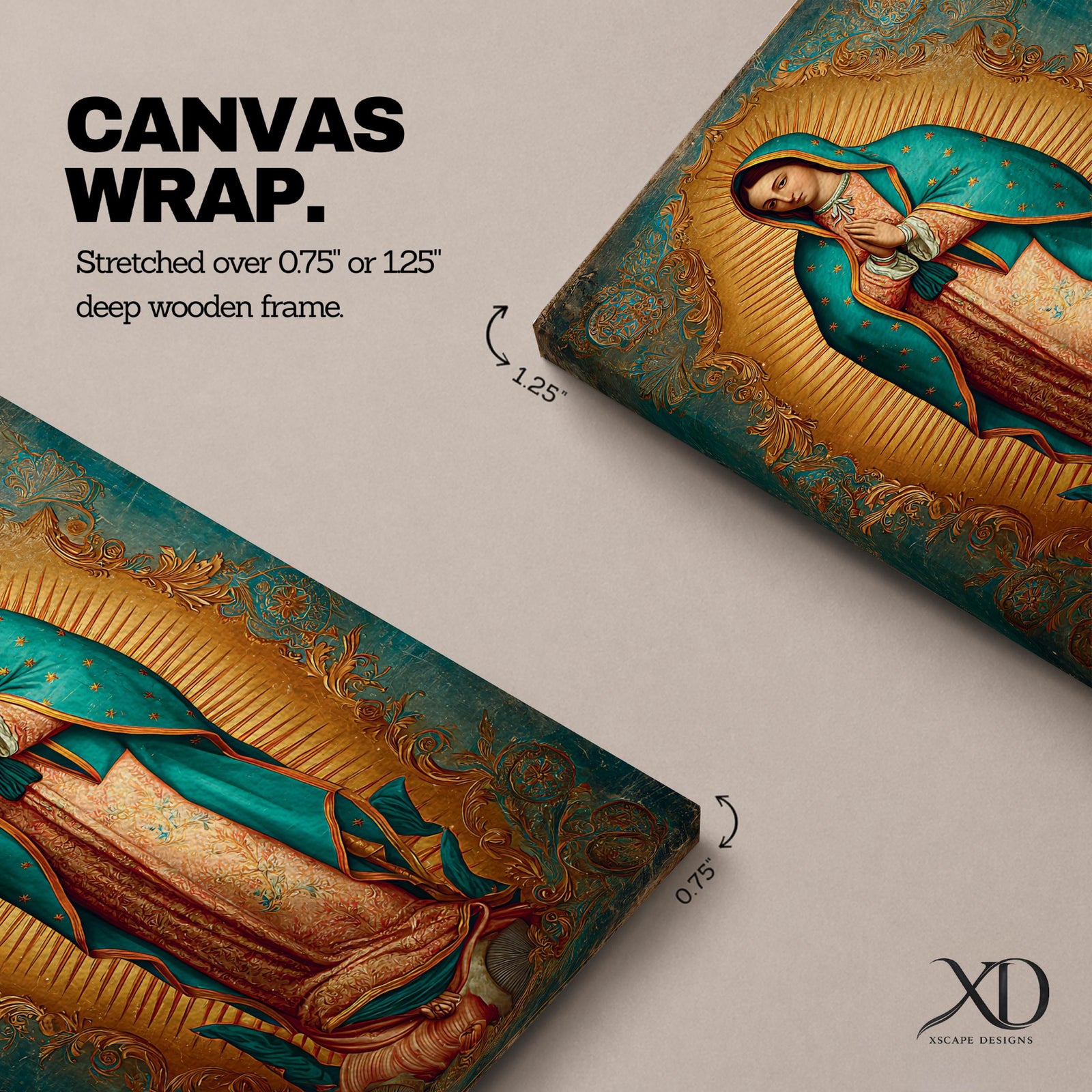 Our Lady of Guadalupe wall art featuring the Virgin Mary in prayer surrounded by radiant golden rays and ornate decorative details. This Mexican Catholic religious artwork showcases her iconic turquoise mantle adorned with stars, creating a sacred focal point for prayer rooms, churches, and Christian homes.