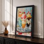 Colorful ice cream sundae wall art featuring three dessert glasses topped with scoops of ice cream, whipped cream, cherries, waffle cones, and chocolate drizzle. This vibrant watercolor-style painting brings a cheerful retro diner feel, making it perfect for kitchens, cafes, ice cream shops, and dessert lovers.