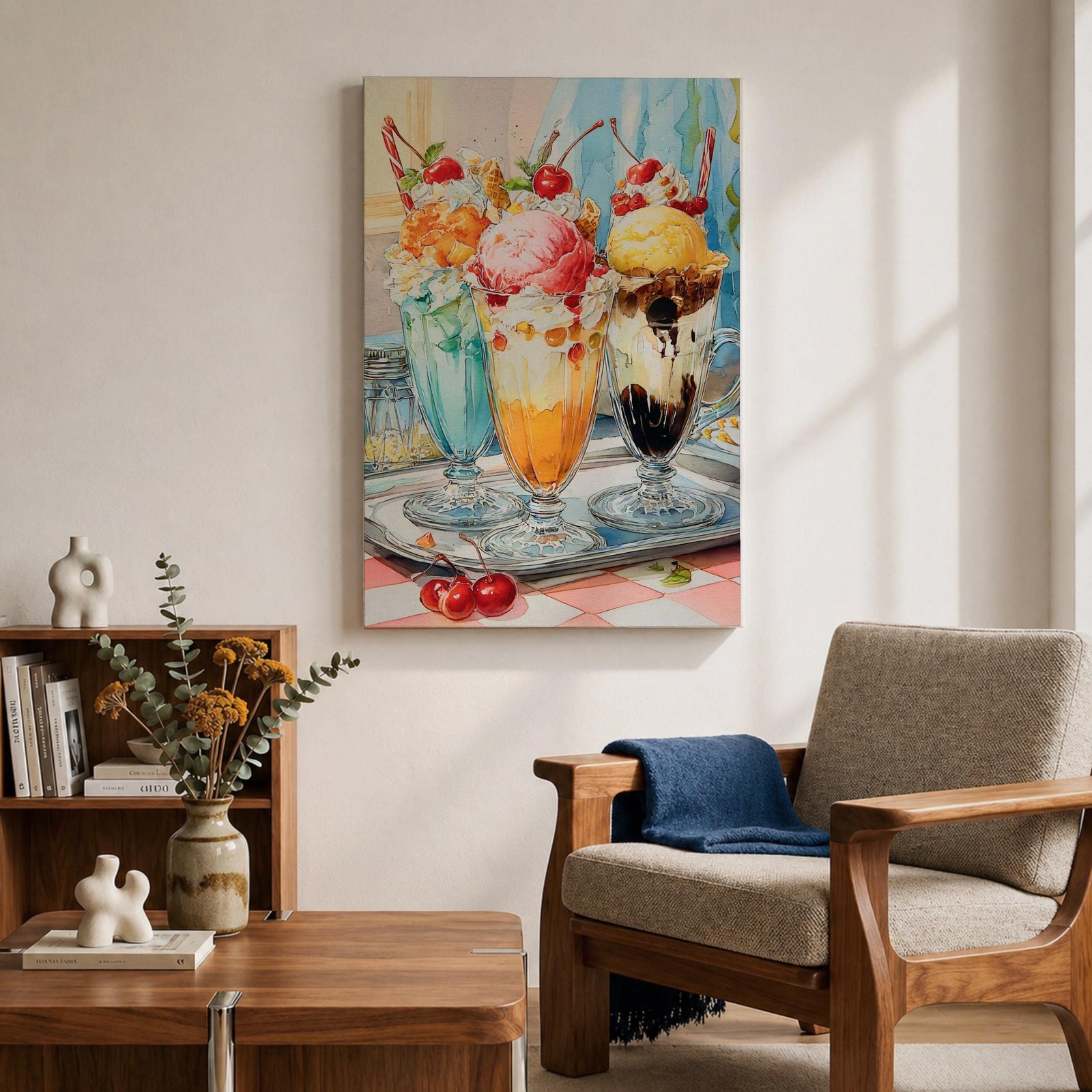 Colorful ice cream sundae wall art featuring three dessert glasses topped with scoops of ice cream, whipped cream, cherries, waffle cones, and chocolate drizzle. This vibrant watercolor-style painting brings a cheerful retro diner feel, making it perfect for kitchens, cafes, ice cream shops, and dessert lovers.
