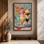 Colorful ice cream sundae wall art featuring three dessert glasses topped with scoops of ice cream, whipped cream, cherries, waffle cones, and chocolate drizzle. This vibrant watercolor-style painting brings a cheerful retro diner feel, making it perfect for kitchens, cafes, ice cream shops, and dessert lovers.