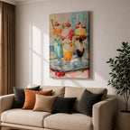 Colorful ice cream sundae wall art featuring three dessert glasses topped with scoops of ice cream, whipped cream, cherries, waffle cones, and chocolate drizzle. This vibrant watercolor-style painting brings a cheerful retro diner feel, making it perfect for kitchens, cafes, ice cream shops, and dessert lovers.