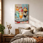 Colorful ice cream sundae wall art featuring three dessert glasses topped with scoops of ice cream, whipped cream, cherries, waffle cones, and chocolate drizzle. This vibrant watercolor-style painting brings a cheerful retro diner feel, making it perfect for kitchens, cafes, ice cream shops, and dessert lovers.