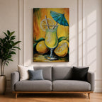 Vibrant lemon cocktail wall art featuring a refreshing citrus drink in a stemmed glass with lemon slices, a straw, and a blue cocktail umbrella. This abstract impasto-style painting uses bright yellow, green, and blue tones, creating a cheerful tropical atmosphere for kitchens, dining rooms, bars, and entertaining spaces.