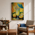 Vibrant lemon cocktail wall art featuring a refreshing citrus drink in a stemmed glass with lemon slices, a straw, and a blue cocktail umbrella. This abstract impasto-style painting uses bright yellow, green, and blue tones, creating a cheerful tropical atmosphere for kitchens, dining rooms, bars, and entertaining spaces.