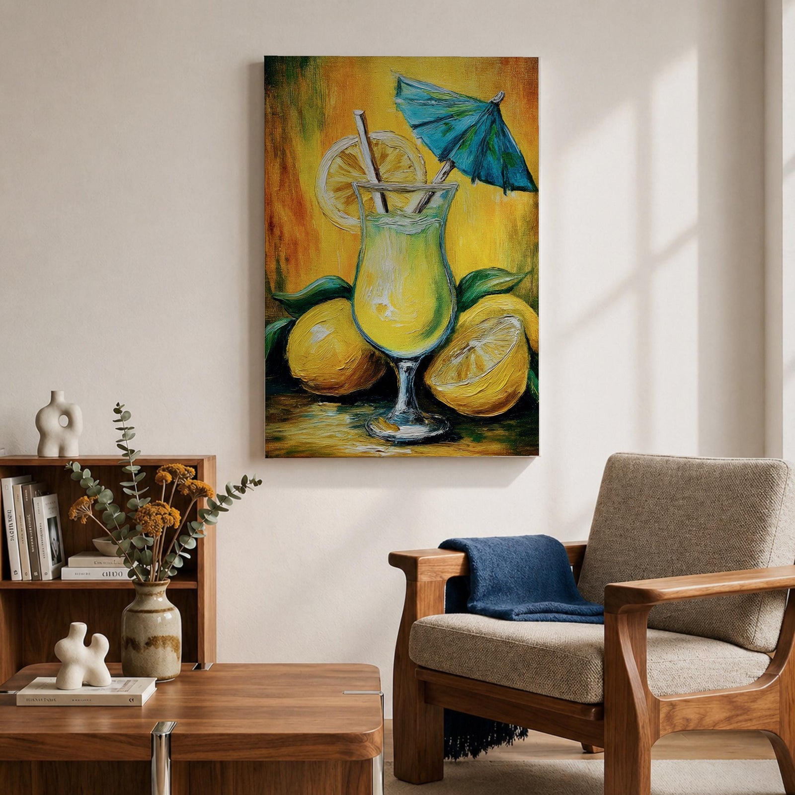Vibrant lemon cocktail wall art featuring a refreshing citrus drink in a stemmed glass with lemon slices, a straw, and a blue cocktail umbrella. This abstract impasto-style painting uses bright yellow, green, and blue tones, creating a cheerful tropical atmosphere for kitchens, dining rooms, bars, and entertaining spaces.