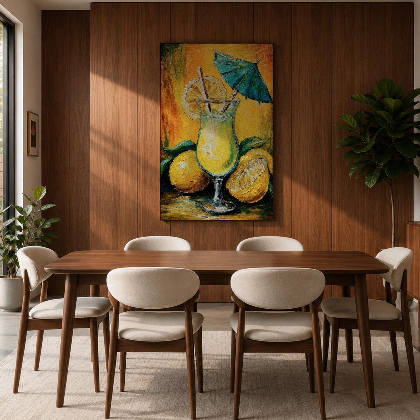 Vibrant lemon cocktail wall art featuring a refreshing citrus drink in a stemmed glass with lemon slices, a straw, and a blue cocktail umbrella. This abstract impasto-style painting uses bright yellow, green, and blue tones, creating a cheerful tropical atmosphere for kitchens, dining rooms, bars, and entertaining spaces.