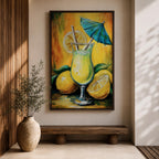 Vibrant lemon cocktail wall art featuring a refreshing citrus drink in a stemmed glass with lemon slices, a straw, and a blue cocktail umbrella. This abstract impasto-style painting uses bright yellow, green, and blue tones, creating a cheerful tropical atmosphere for kitchens, dining rooms, bars, and entertaining spaces.