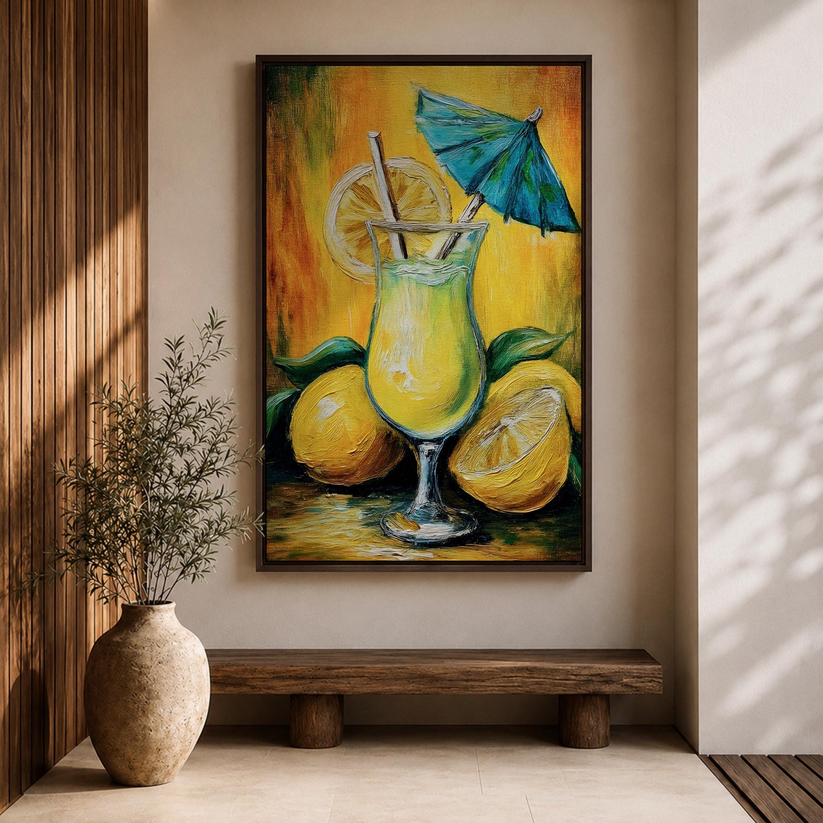 Vibrant lemon cocktail wall art featuring a refreshing citrus drink in a stemmed glass with lemon slices, a straw, and a blue cocktail umbrella. This abstract impasto-style painting uses bright yellow, green, and blue tones, creating a cheerful tropical atmosphere for kitchens, dining rooms, bars, and entertaining spaces.