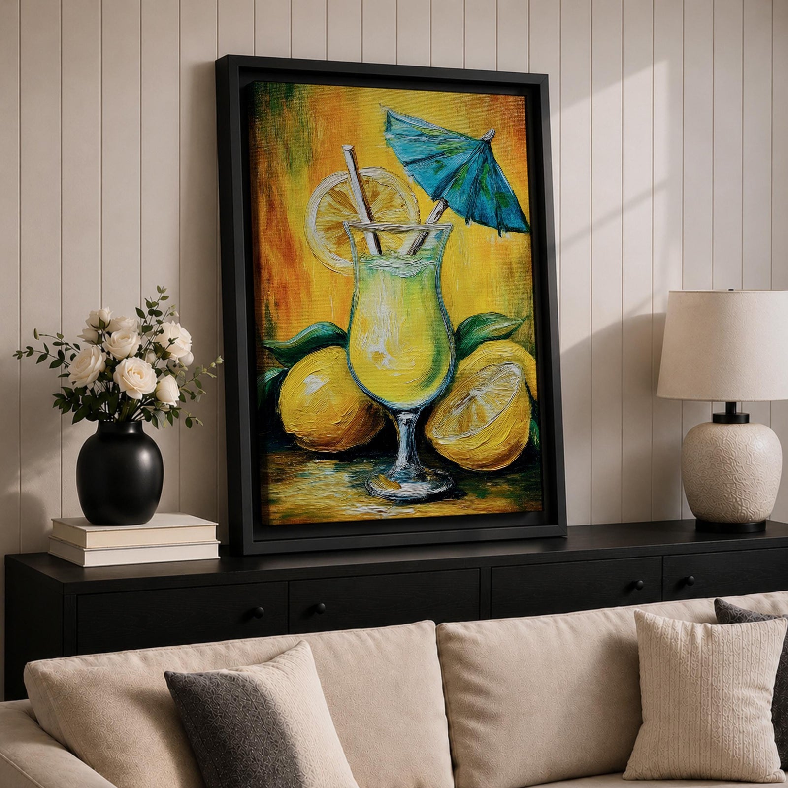 Vibrant lemon cocktail wall art featuring a refreshing citrus drink in a stemmed glass with lemon slices, a straw, and a blue cocktail umbrella. This abstract impasto-style painting uses bright yellow, green, and blue tones, creating a cheerful tropical atmosphere for kitchens, dining rooms, bars, and entertaining spaces.