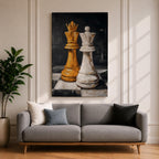 Make a bold statement with this King and Queen Chess Wall Art, featuring striking gold and white chess pieces in a modern abstract painting. The dramatic dark background and rich textured brushstrokes create a sophisticated focal point for offices, game rooms, studies, and contemporary living spaces.