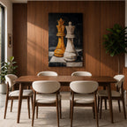 Make a bold statement with this King and Queen Chess Wall Art, featuring striking gold and white chess pieces in a modern abstract painting. The dramatic dark background and rich textured brushstrokes create a sophisticated focal point for offices, game rooms, studies, and contemporary living spaces.