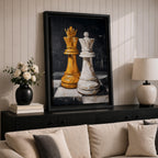 Make a bold statement with this King and Queen Chess Wall Art, featuring striking gold and white chess pieces in a modern abstract painting. The dramatic dark background and rich textured brushstrokes create a sophisticated focal point for offices, game rooms, studies, and contemporary living spaces.