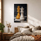 Make a bold statement with this King and Queen Chess Wall Art, featuring striking gold and white chess pieces in a modern abstract painting. The dramatic dark background and rich textured brushstrokes create a sophisticated focal point for offices, game rooms, studies, and contemporary living spaces.