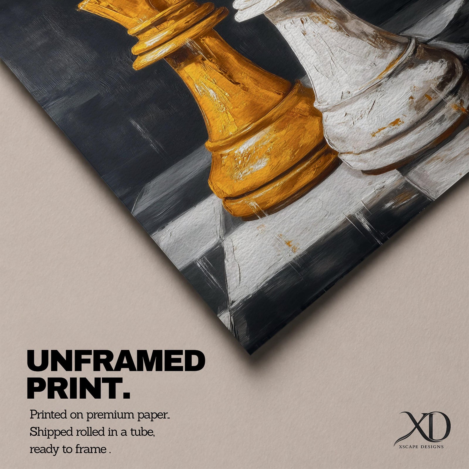 Make a bold statement with this King and Queen Chess Wall Art, featuring striking gold and white chess pieces in a modern abstract painting. The dramatic dark background and rich textured brushstrokes create a sophisticated focal point for offices, game rooms, studies, and contemporary living spaces.