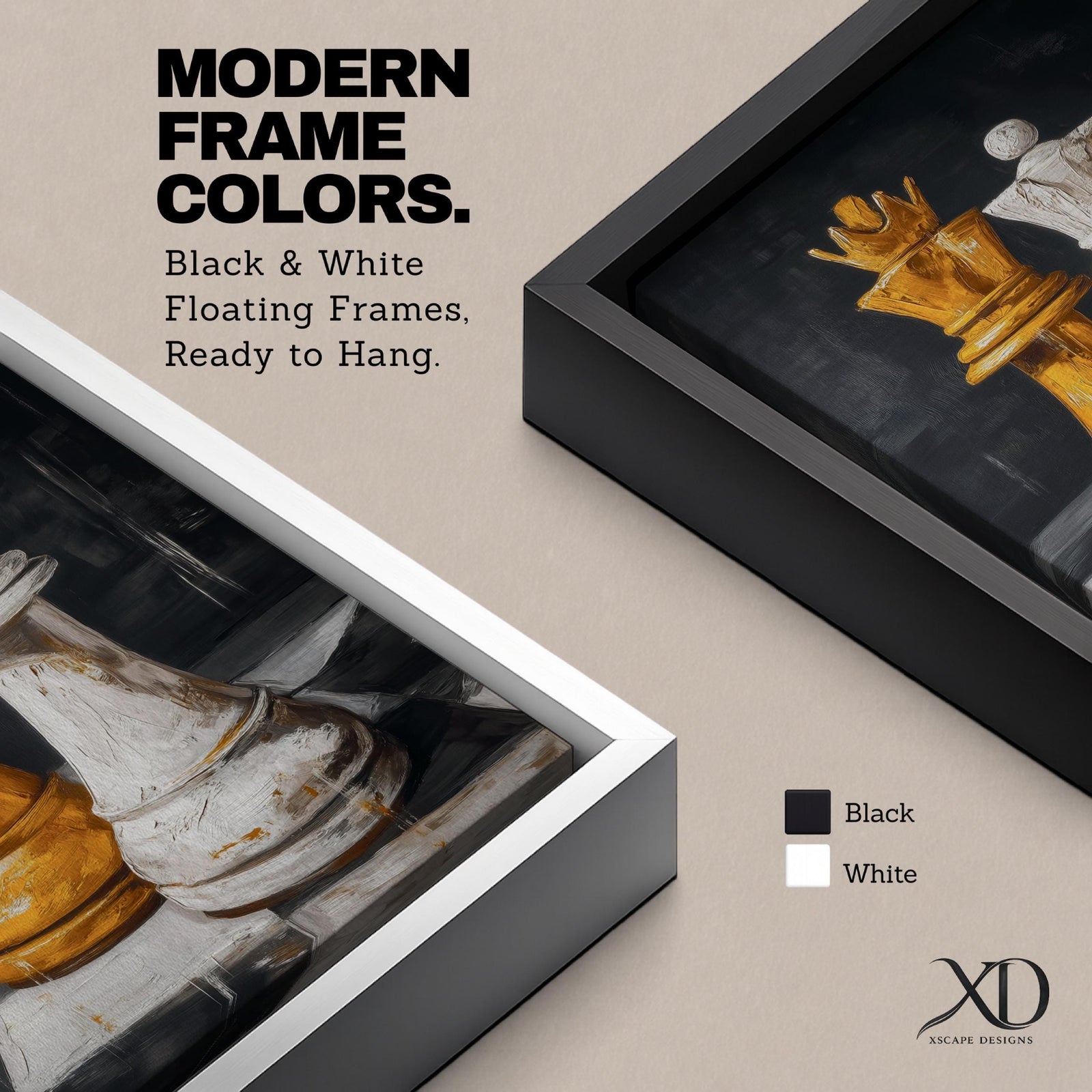 Make a bold statement with this King and Queen Chess Wall Art, featuring striking gold and white chess pieces in a modern abstract painting. The dramatic dark background and rich textured brushstrokes create a sophisticated focal point for offices, game rooms, studies, and contemporary living spaces.