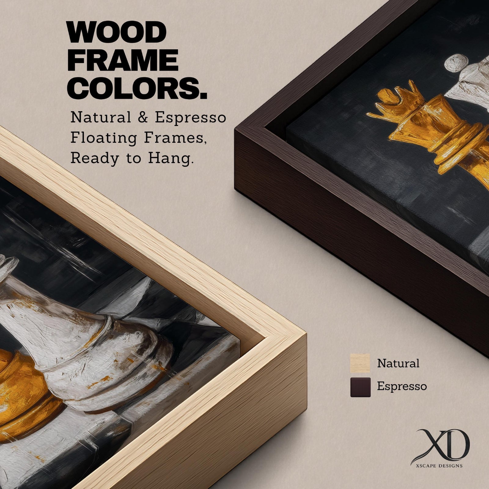 Make a bold statement with this King and Queen Chess Wall Art, featuring striking gold and white chess pieces in a modern abstract painting. The dramatic dark background and rich textured brushstrokes create a sophisticated focal point for offices, game rooms, studies, and contemporary living spaces.