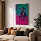 Make a bold statement with this Cowboy Wall Art, featuring a lone rider on horseback rendered in vivid teal and magenta expressionist brushstrokes. Dynamic movement, modern Western style, and striking contemporary colors create an unforgettable centerpiece for ranch homes, offices, and masculine interiors.
