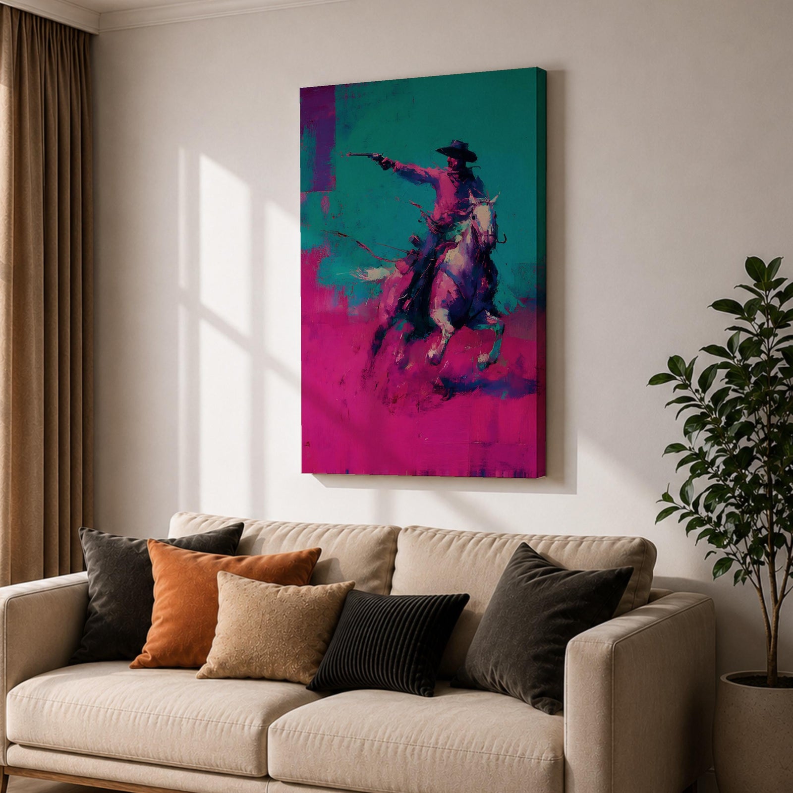 Make a bold statement with this Cowboy Wall Art, featuring a lone rider on horseback rendered in vivid teal and magenta expressionist brushstrokes. Dynamic movement, modern Western style, and striking contemporary colors create an unforgettable centerpiece for ranch homes, offices, and masculine interiors.
