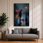 Saxophone wall art featuring a lone jazz musician performing beneath a glowing streetlamp on a rainy evening. Rich navy blue tones, warm reflections, and expressive impressionist brushwork create a romantic city atmosphere, making this music-inspired canvas print ideal for jazz lovers, musicians, living rooms, lounges, and sophisticated interiors.