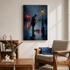 Saxophone wall art featuring a lone jazz musician performing beneath a glowing streetlamp on a rainy evening. Rich navy blue tones, warm reflections, and expressive impressionist brushwork create a romantic city atmosphere, making this music-inspired canvas print ideal for jazz lovers, musicians, living rooms, lounges, and sophisticated interiors.