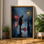 Saxophone wall art featuring a lone jazz musician performing beneath a glowing streetlamp on a rainy evening. Rich navy blue tones, warm reflections, and expressive impressionist brushwork create a romantic city atmosphere, making this music-inspired canvas print ideal for jazz lovers, musicians, living rooms, lounges, and sophisticated interiors.